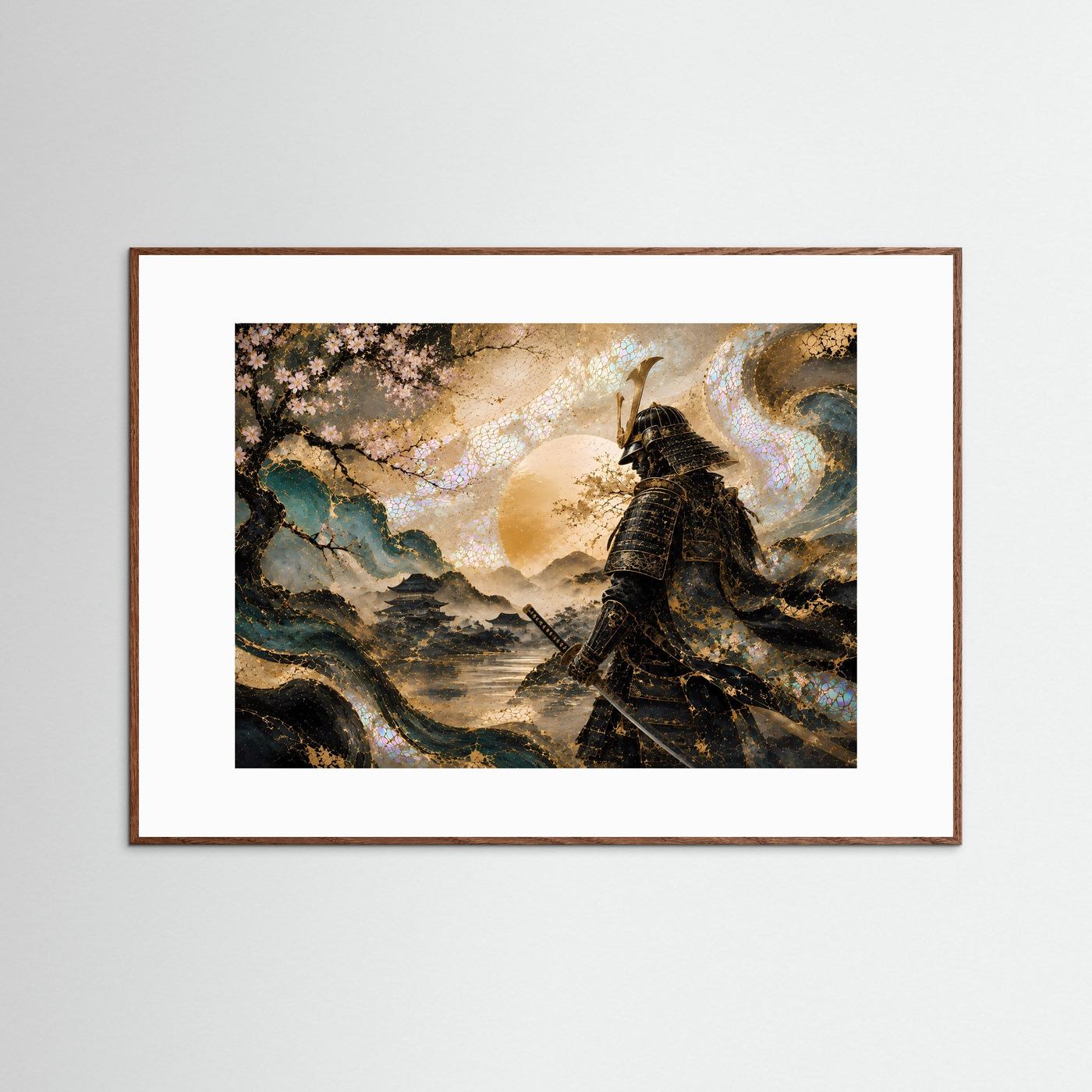 Gerahmte Wandkunst: Samurai in Schwarz, Kirschblütenmotiv, brauner Holzrahmen