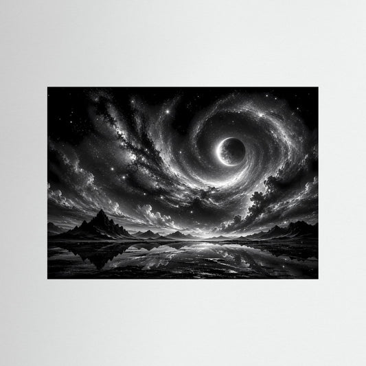 Schwarz-weißes Weltall-Wandposter mit Spiralgalaxie und Sternnebel, ohne Rahmen