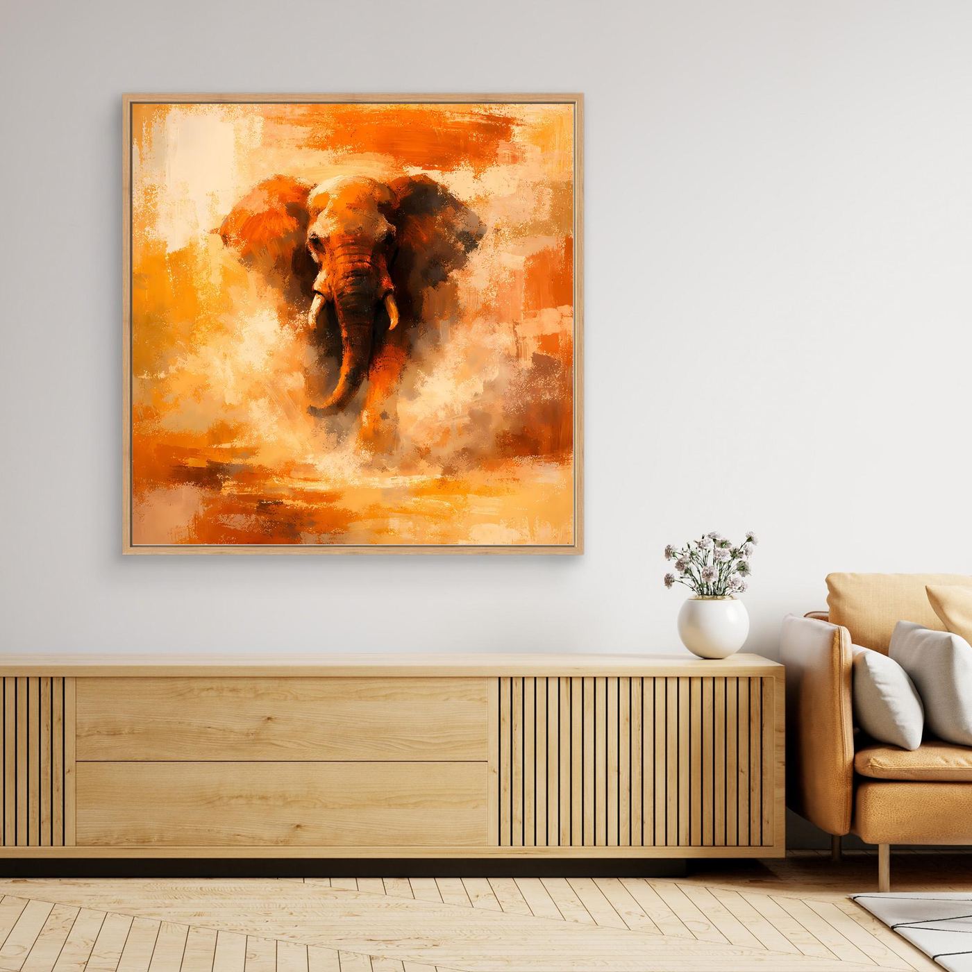 Leinwand Abstraktes Elefanten Gemälde | Modernes Kraftvolles Tier Wandbild Orange Ocker