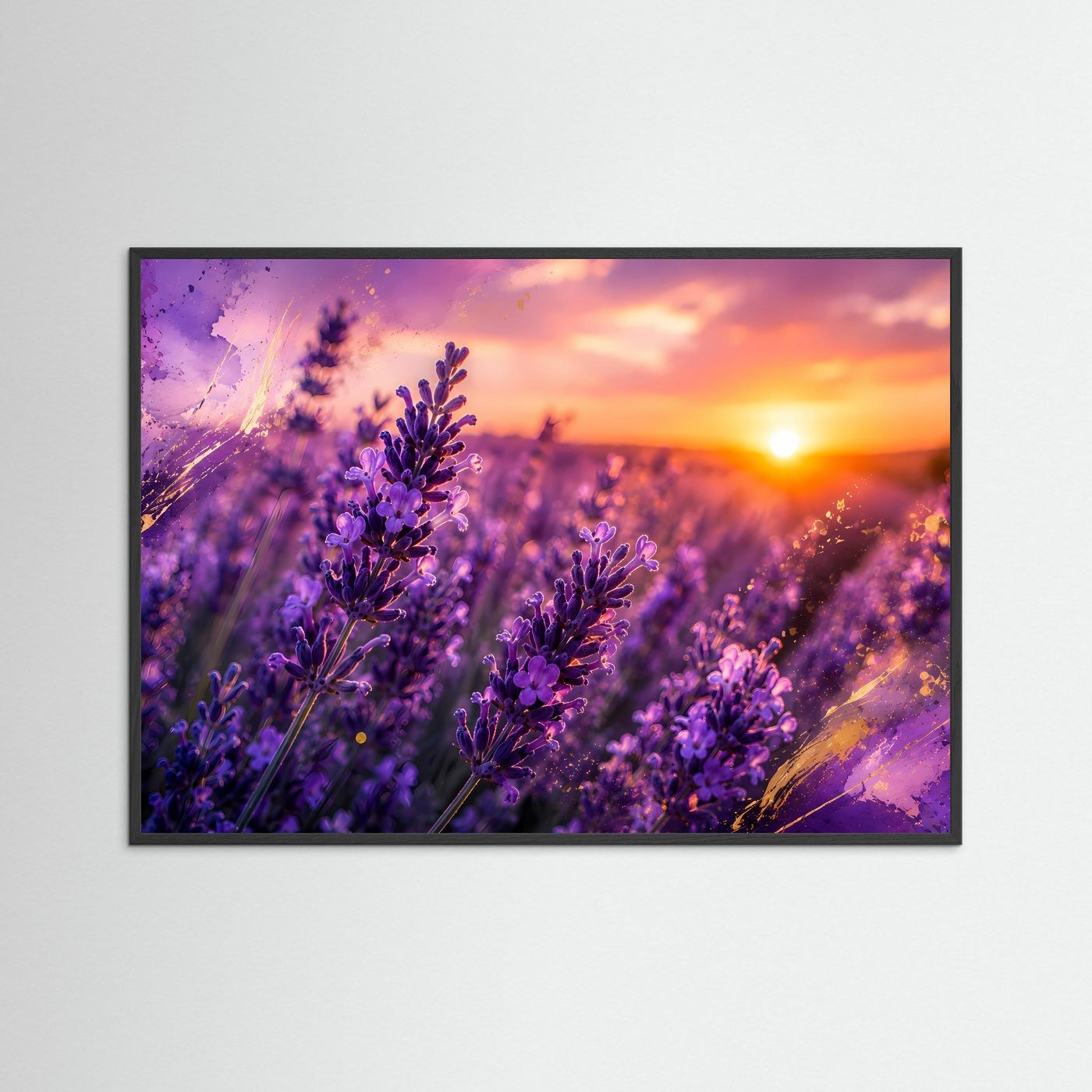 Lavendelfeld im goldenen Sonnenuntergang | Romantisches Lavendel Poster Panorama Querformat in Violett & Gold