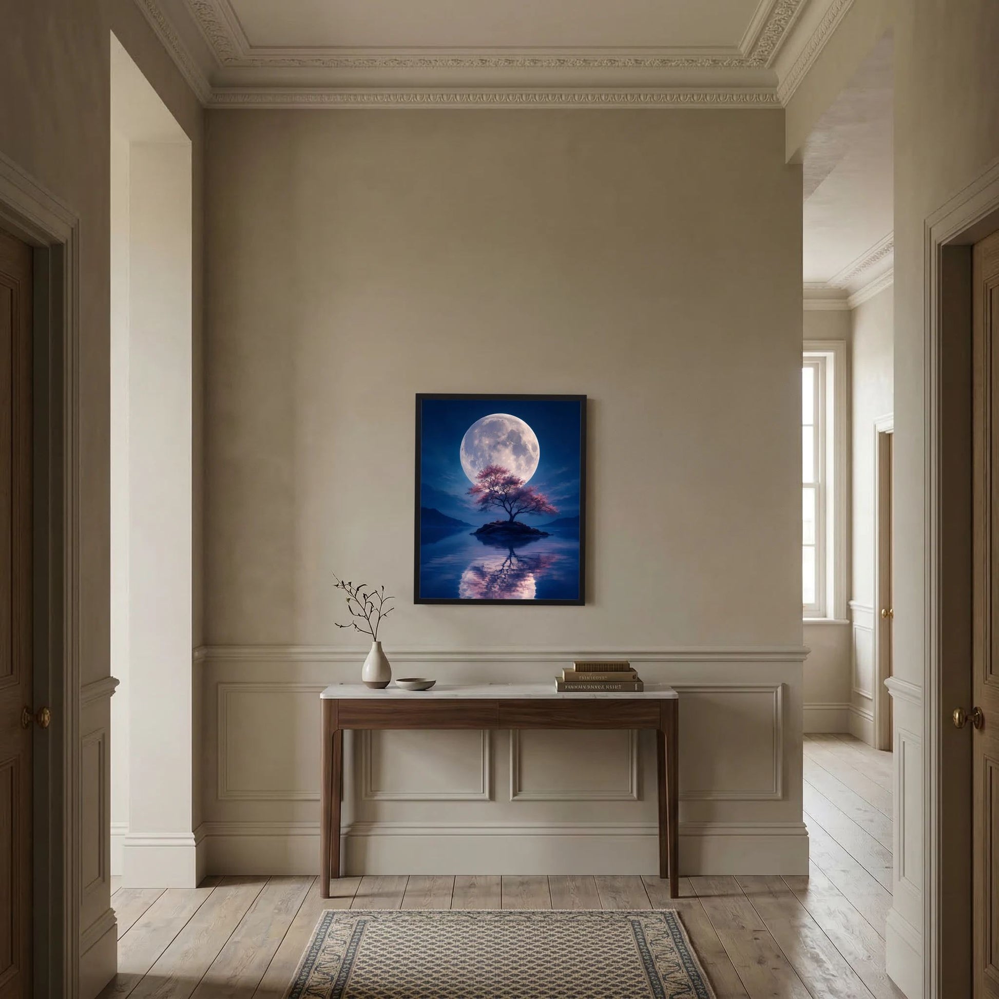 Wandbild-Poster im schwarzen Rahmen: Vollmond über See, rosa blühender Baum, Spiegelung