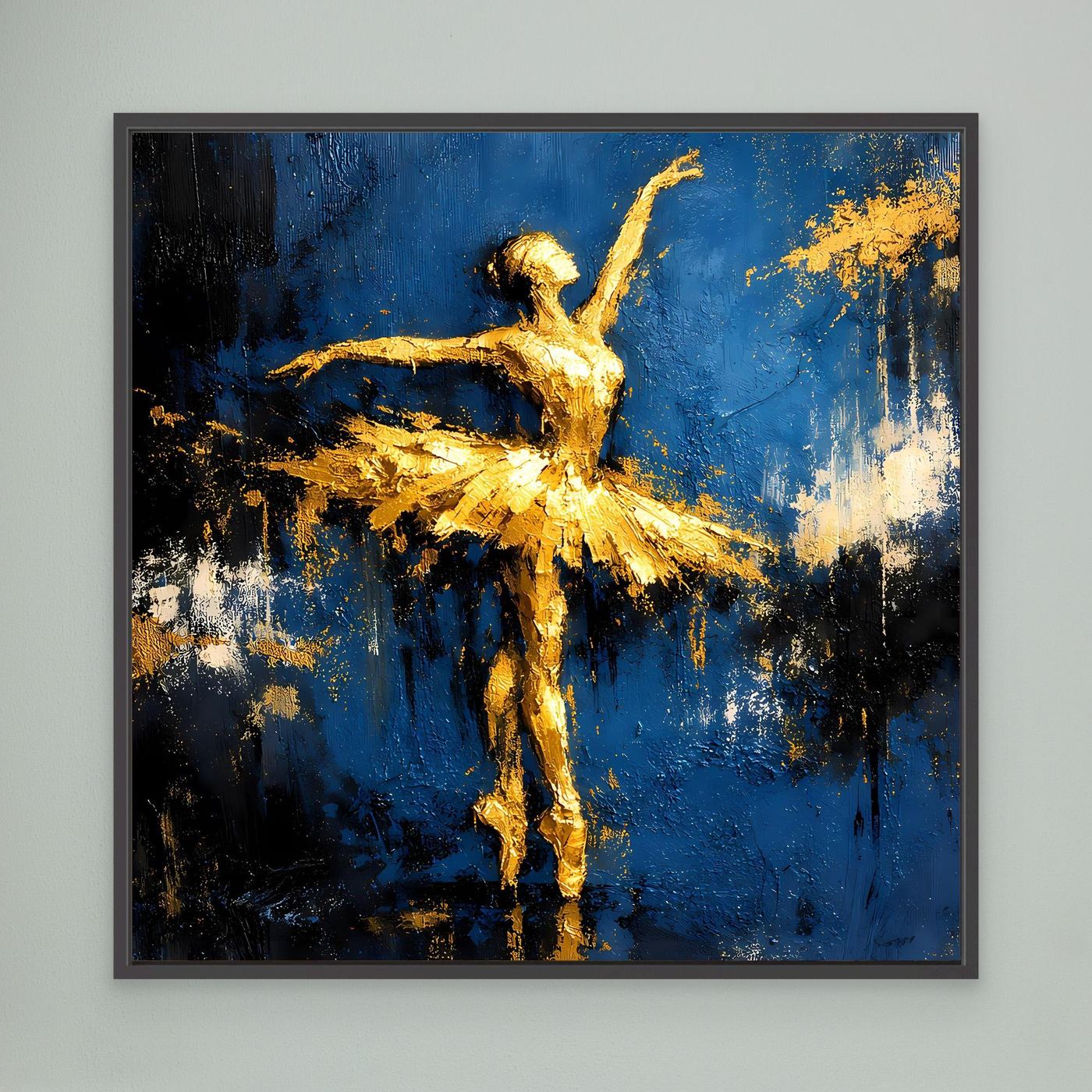 Leinwand Elegante Ballerina in Gold und Blau | Abstraktes Ballett Wandbild