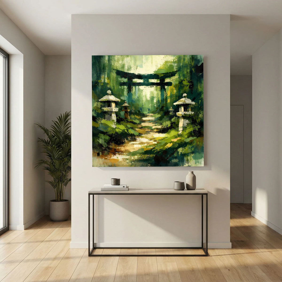 Quadratisches Wandbild auf Leinwand: Waldpfad mit Torii-Tor und Steinlaternen