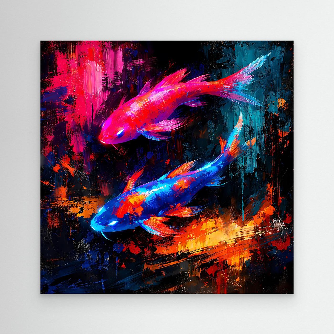 Leinwandbild mit leuchtenden Koi-Fischen in Pink-Blau auf abstraktem Yin-Yang-Design