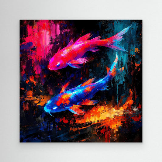 Leinwandbild mit leuchtenden Koi-Fischen in Pink-Blau auf abstraktem Yin-Yang-Design