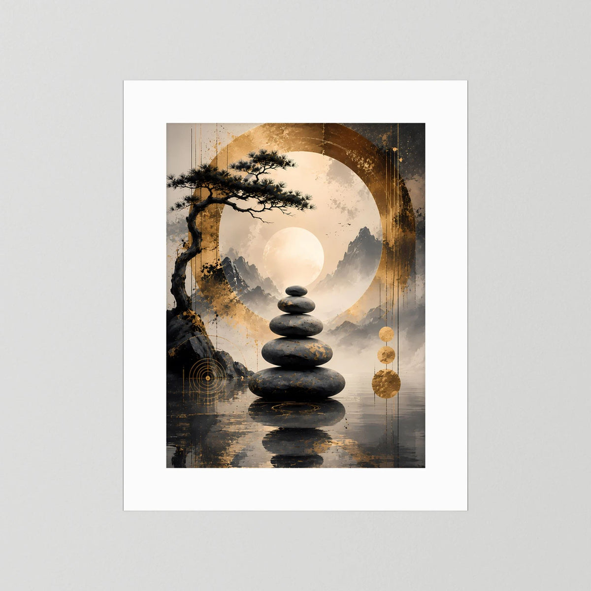 Poster im Hochformat mit Bonsai und Steinstapel, goldener Kreis, weißer Innenrahmen