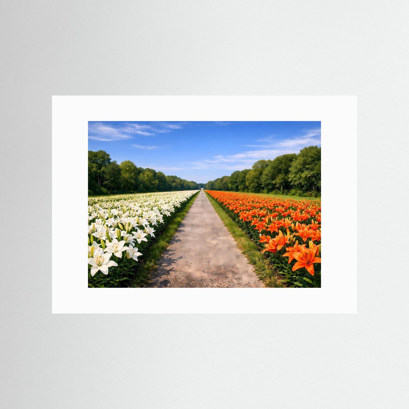 Prachtvolles Lilienfeld mit Allee-Weg | Weiße & Orange Blüten Natur Poster Querformat