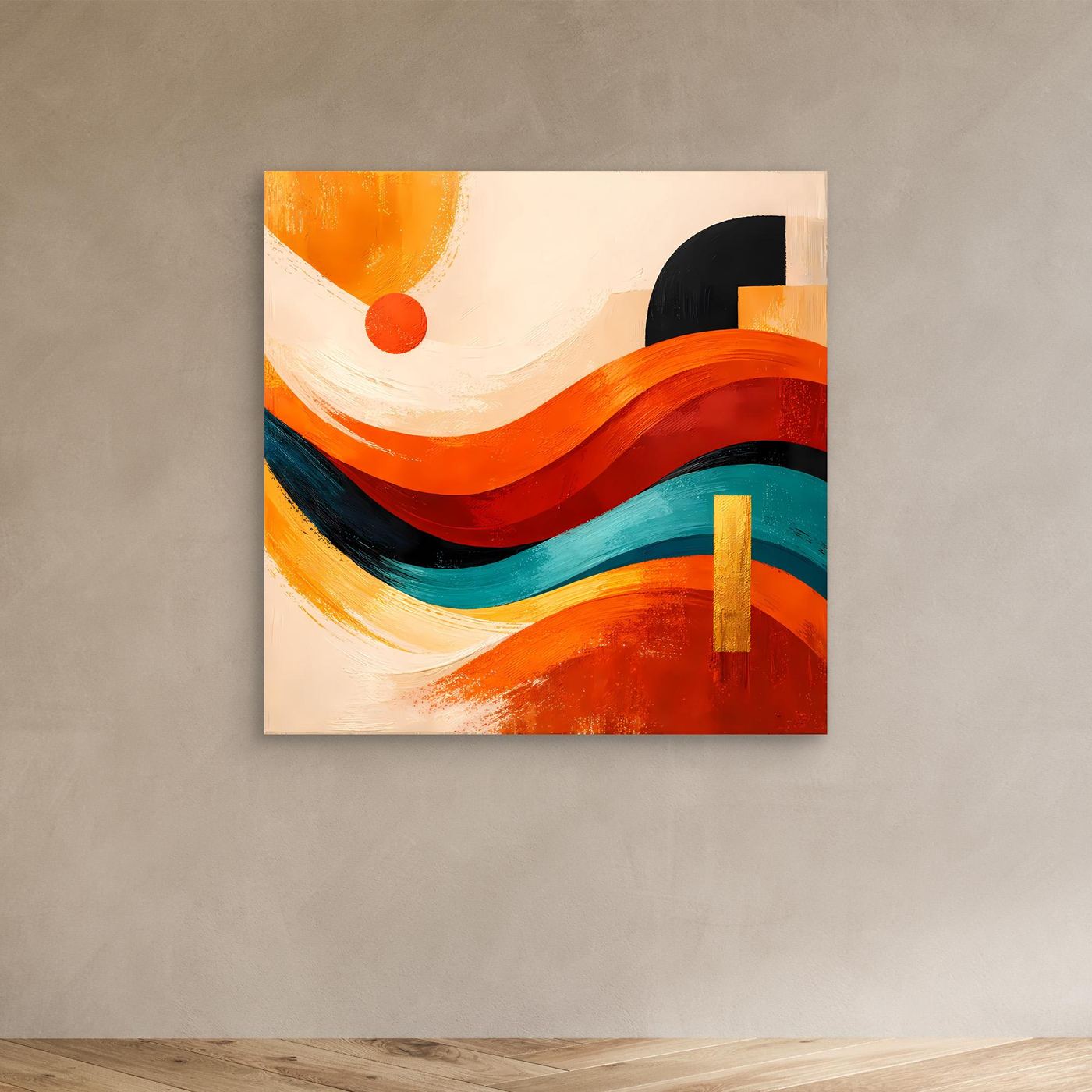 Leinwandbild ohne sichtbaren Rahmen, abstrakte Wellen und Dünen in Orange und Rot