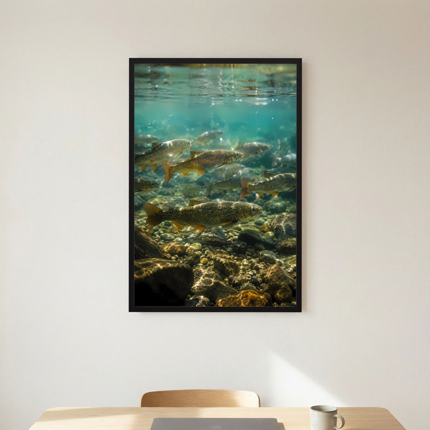 Unterwasser-Poster im Hochformat mit mehreren Forellen im klaren Gebirgsbach