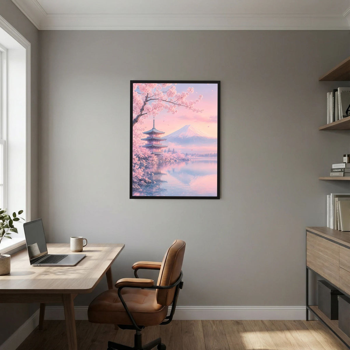 Hochformat-Poster mit Kirschblüten, Fuji und Pagode in Pastellrosa, im schwarzen Rahmen