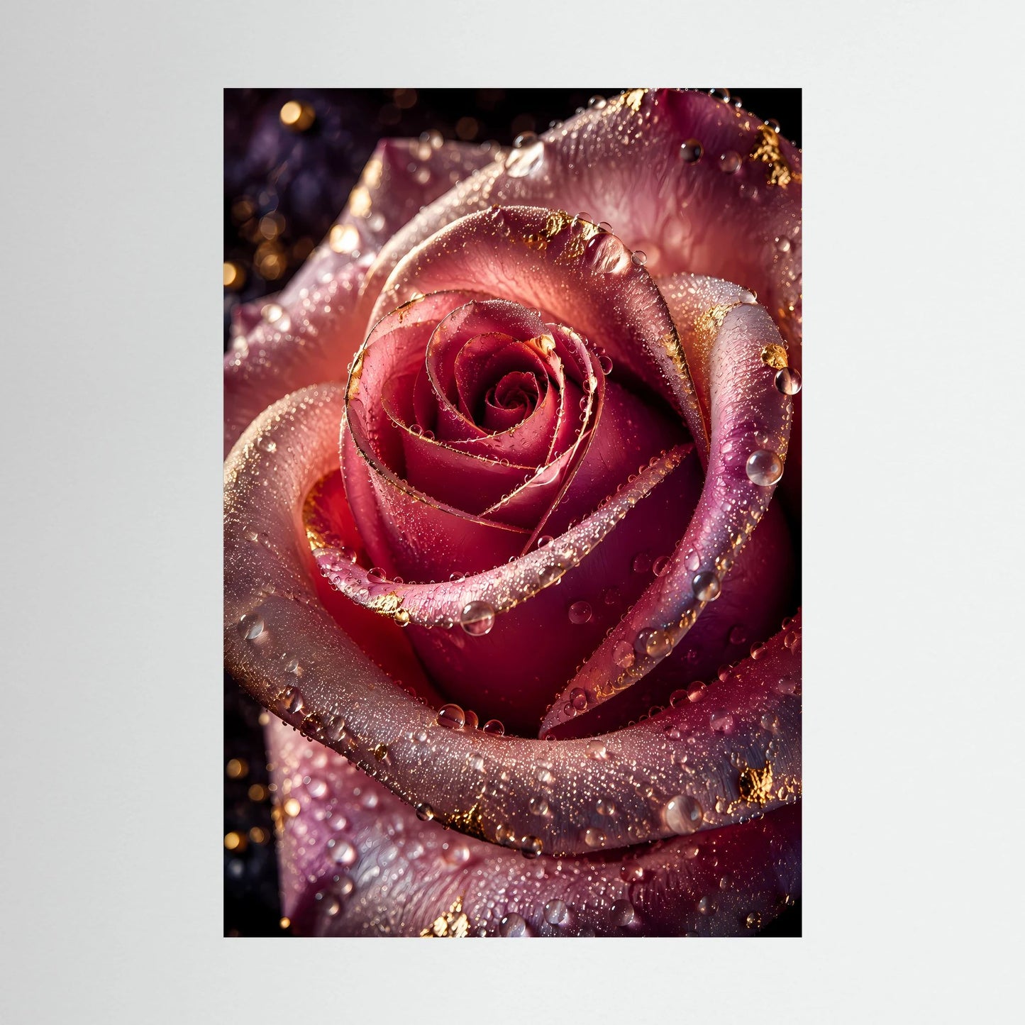 Poster: dunkelrosa Rose mit Wassertropfen und goldenen Akzenten, Detailansicht