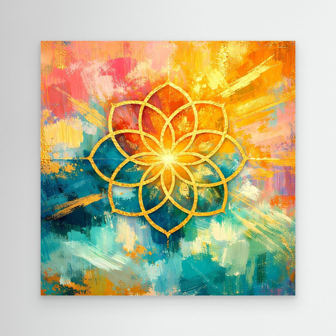 Quadratisches Leinwandbild: goldenes Blume-des-Lebens-Mandala auf buntem Farbgrund