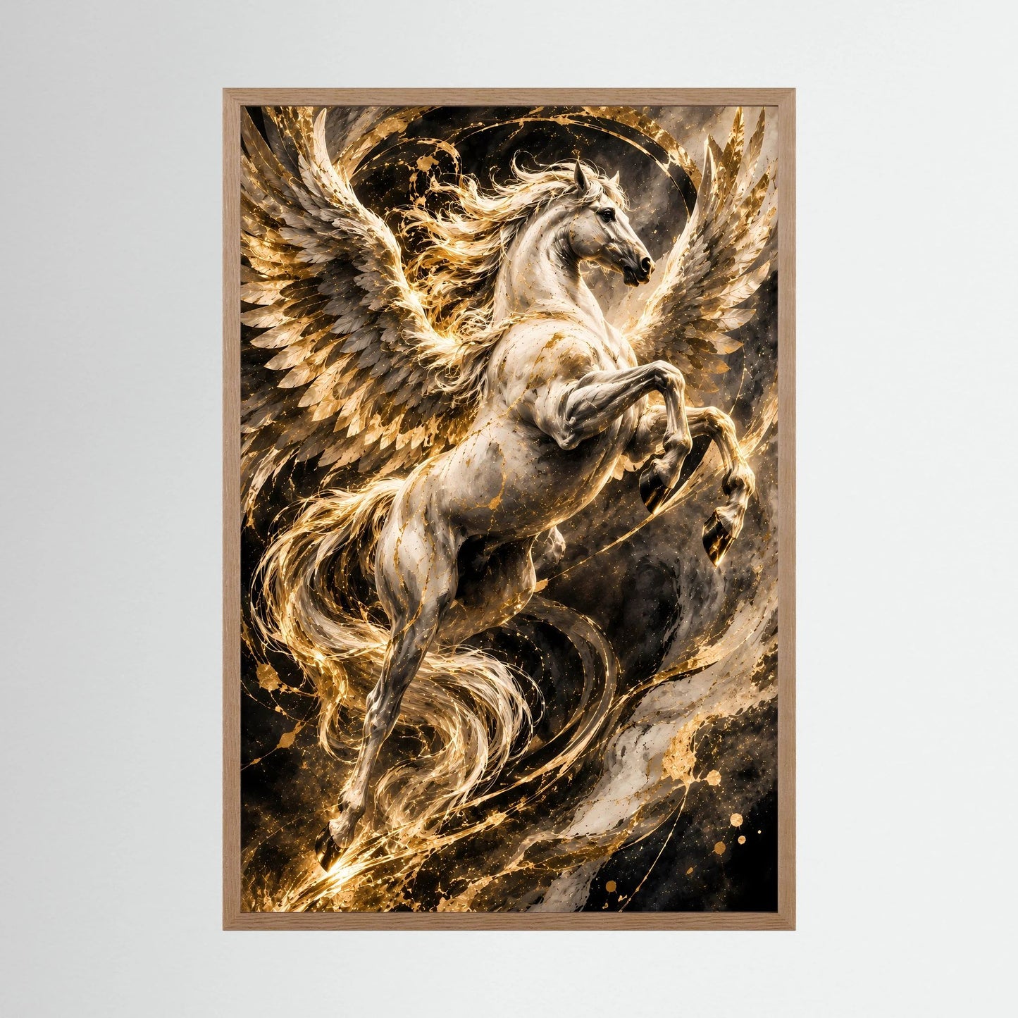 Pegasus-Poster mit Flügeln, im hellen Holzrahmen, gold-helles Farbenspiel