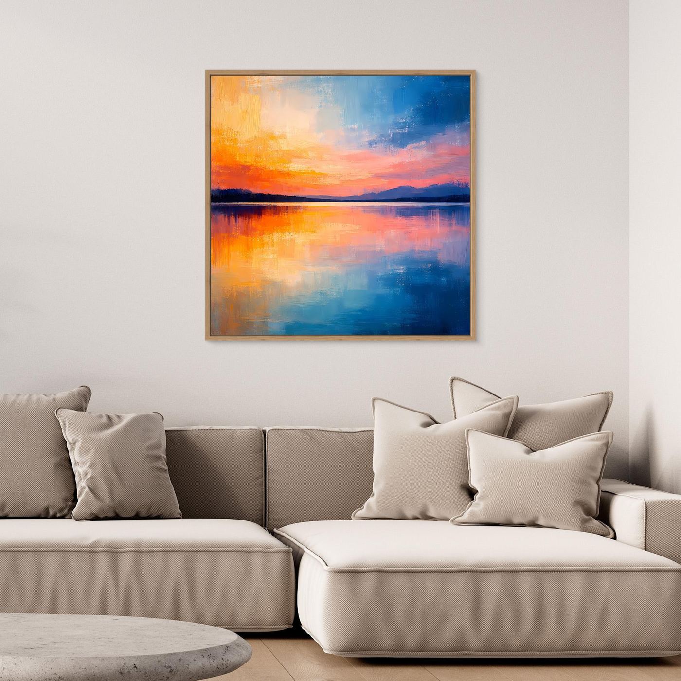 Abstraktes Wandbild auf Leinwand mit Spiegelung am See, Sonnenuntergang, blaue und orange Farbtöne