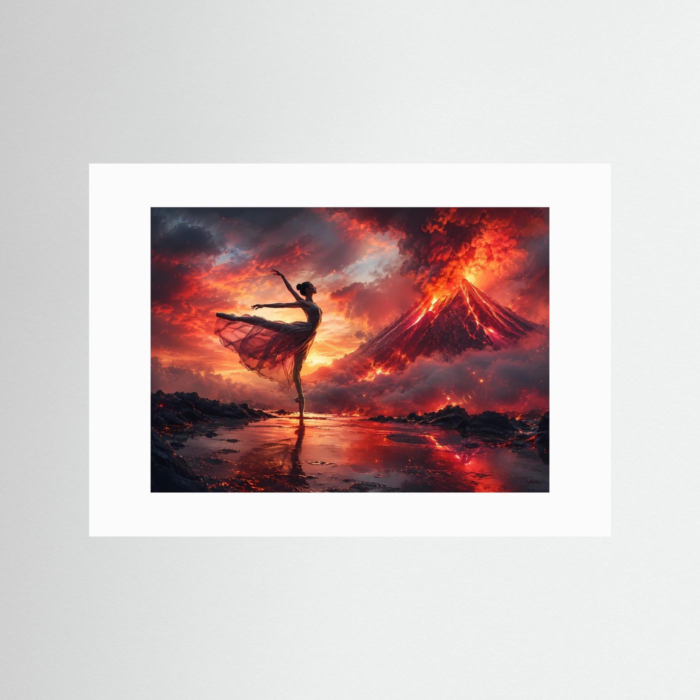 Ballerina Vulkan Poster | Tänzerin vor eruptierendem Vulkan | Dramatische Tanz Wandkunst | Moderner Kunstdruck