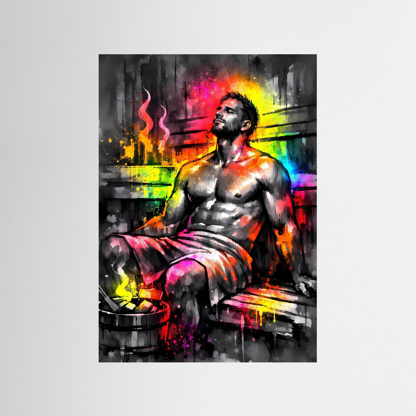 Die Kunst der Regeneration | Sauna Poster in bunten Neonfarben & Wellness-Optik | Abstraktes Kunstposter Hochformat