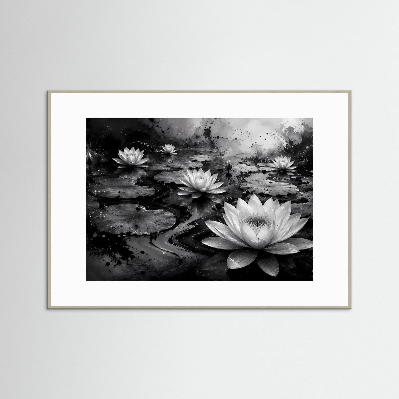 Weiße Seerosen auf schwarzem Wasser | Elegante Schwarz-Weiß Naturkunst – Moderner Lotus Teich