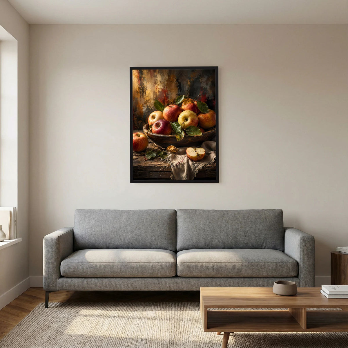 Gerahmtes Poster mit Apfel-Stillleben: Äpfel, Blätter und Schale in warmen Tönen