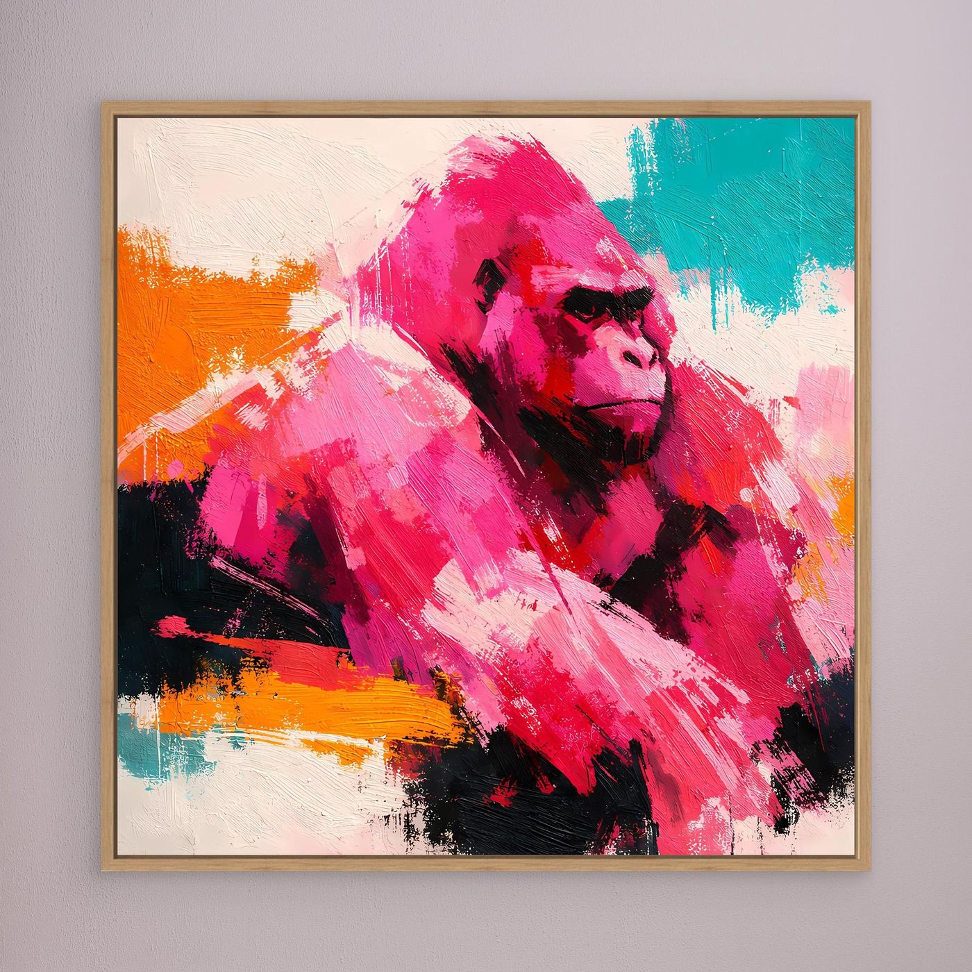 Leinwandbild mit abstraktem Gorillagesicht im Pop-Art-Look, Holzrahmen