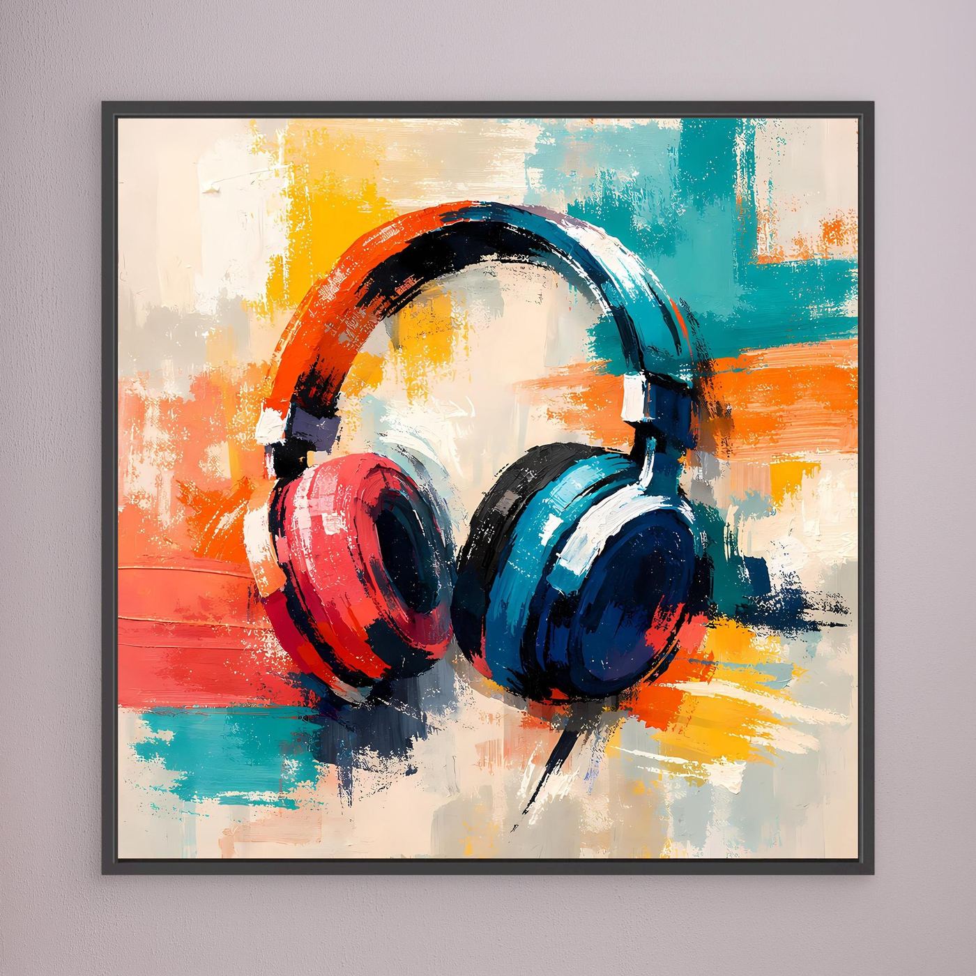 Dark-framed canvas wall art with colorful abstract over-ear headphones