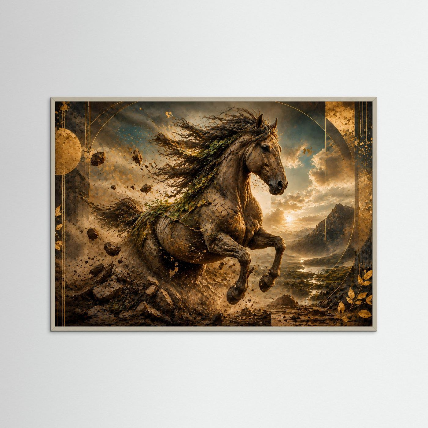 Querformat-Poster mit laufendem Pferd: braunes Fell, goldene Details und staubige Berglandschaft.