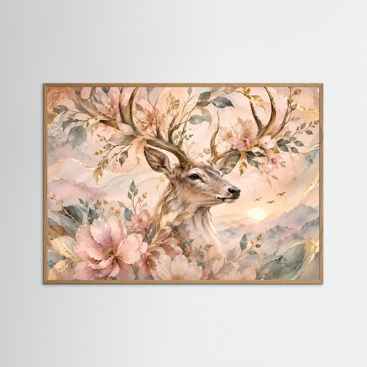 Hirsch mit Blüten Poster | Eleganter Hirsch in floraler Naturkunst | Pastell Wandbild mit Goldakzenten | Romantische Waldkunst | Premium Leinwand & Wall Art