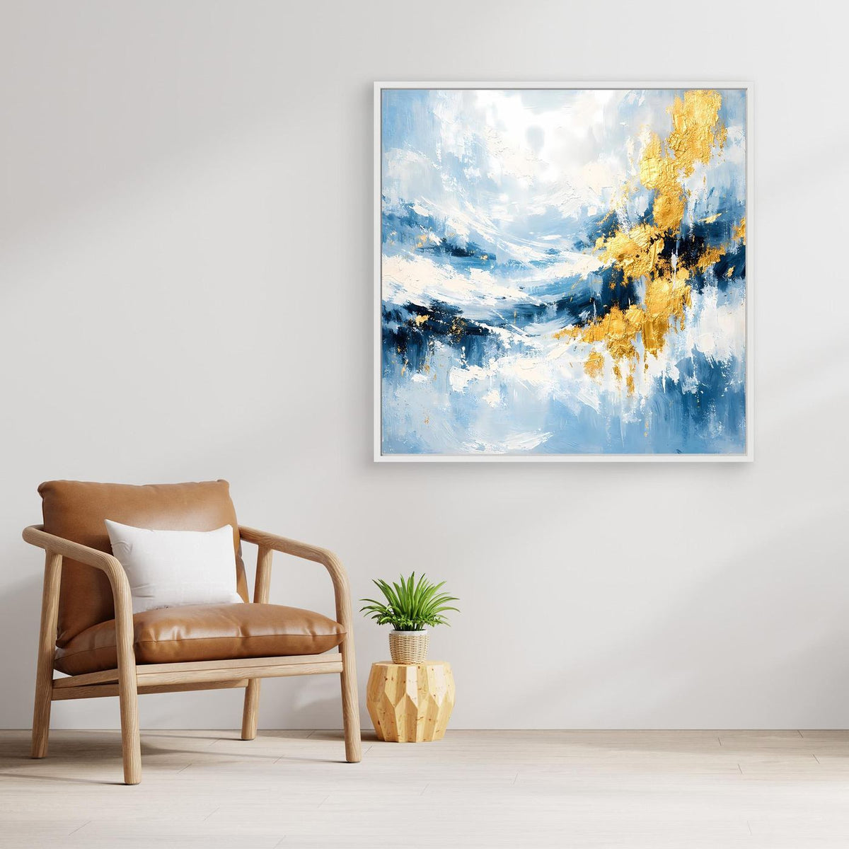 Abstraktes Leinwand-Wandbild mit Meerlandschaft in Türkis und goldfarbenen Akzenten, hellgrauer Rahmen