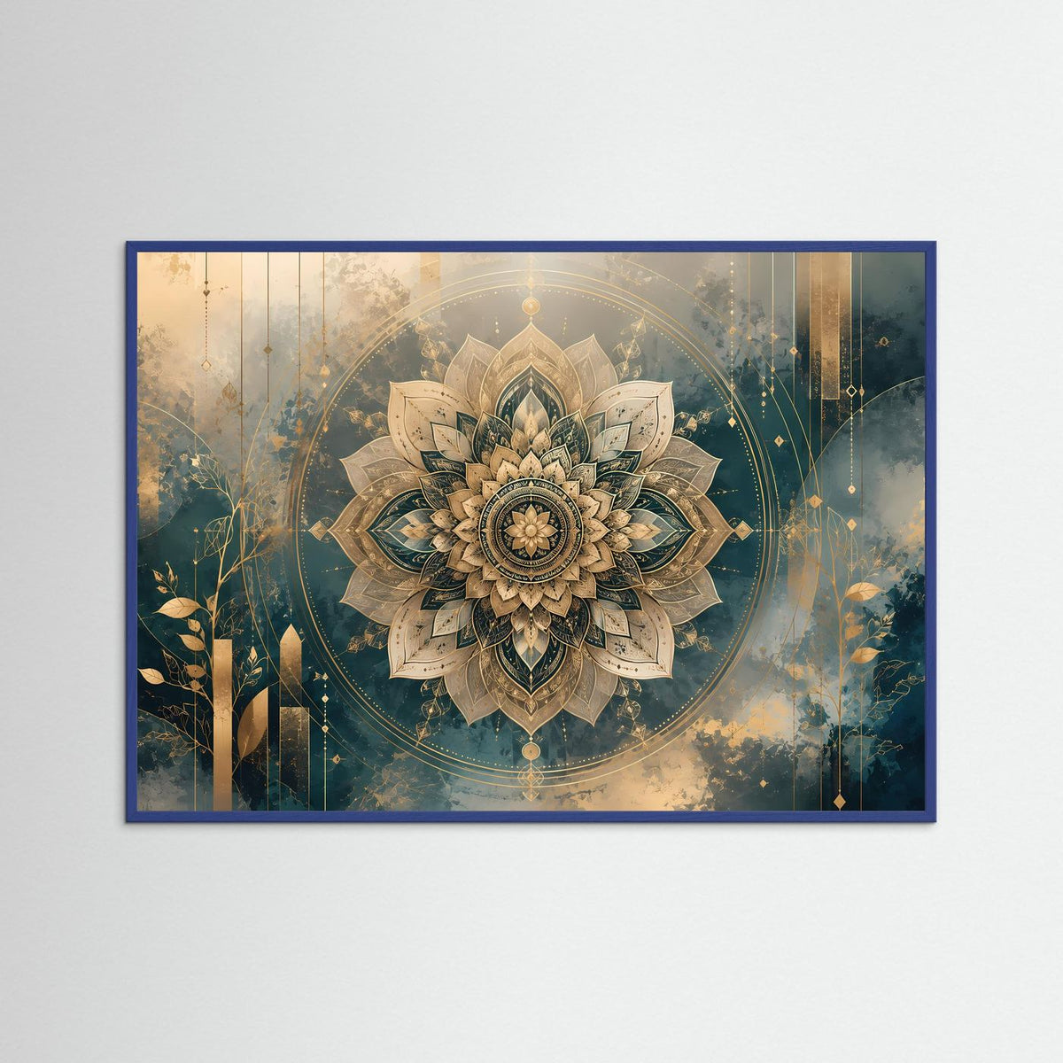 Gerahmtes Querformat-Poster mit goldener Lotus-Mandala in Petrol, im blauen Rahmen