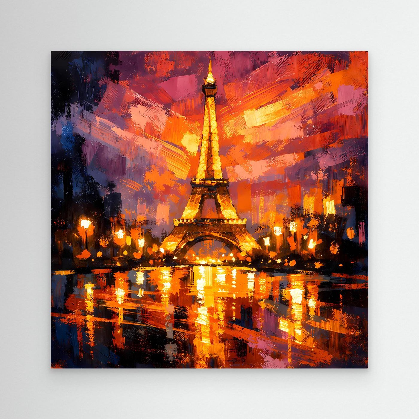 Abstraktes Leinwand-Wandbild mit Eiffelturm bei Nacht, ohne sichtbaren Rahmen.