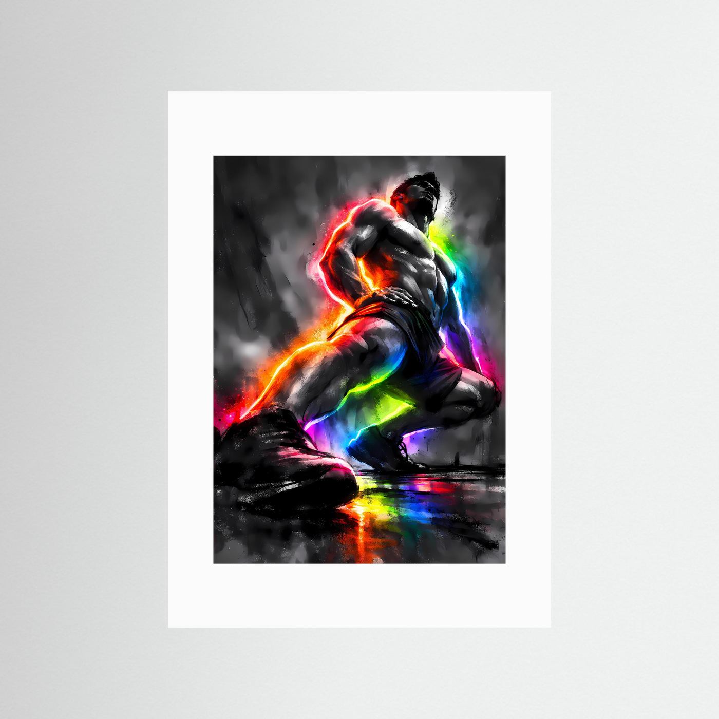 Pure Kraft & Energie | Abstraktes Fitness & Bodybuilding Poster in Regenbogen-Neonfarben | Modernes Kunstposter Hochformat