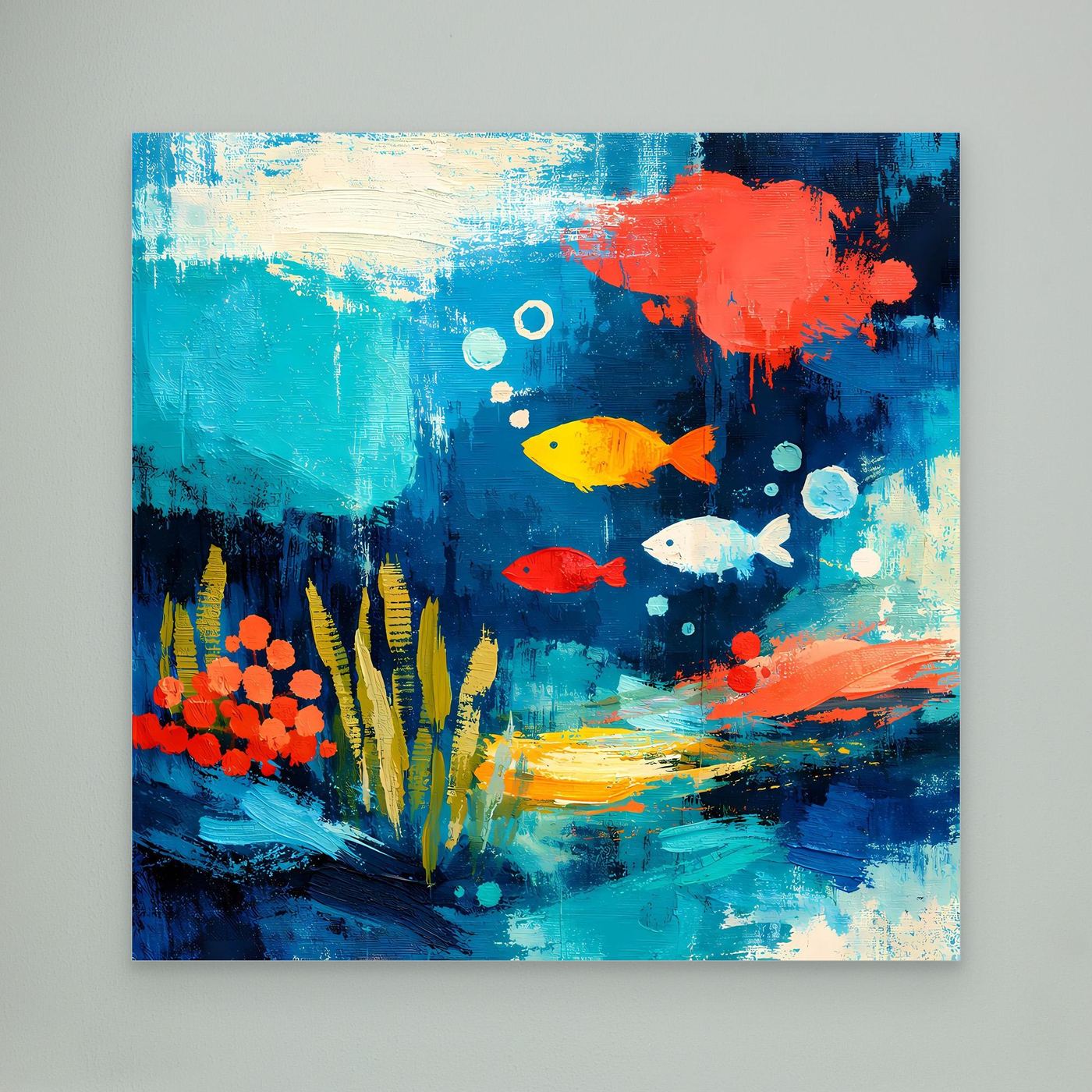 Underwater abstract wall canvas featuring fish silhouettes and coral in blue and red paint
