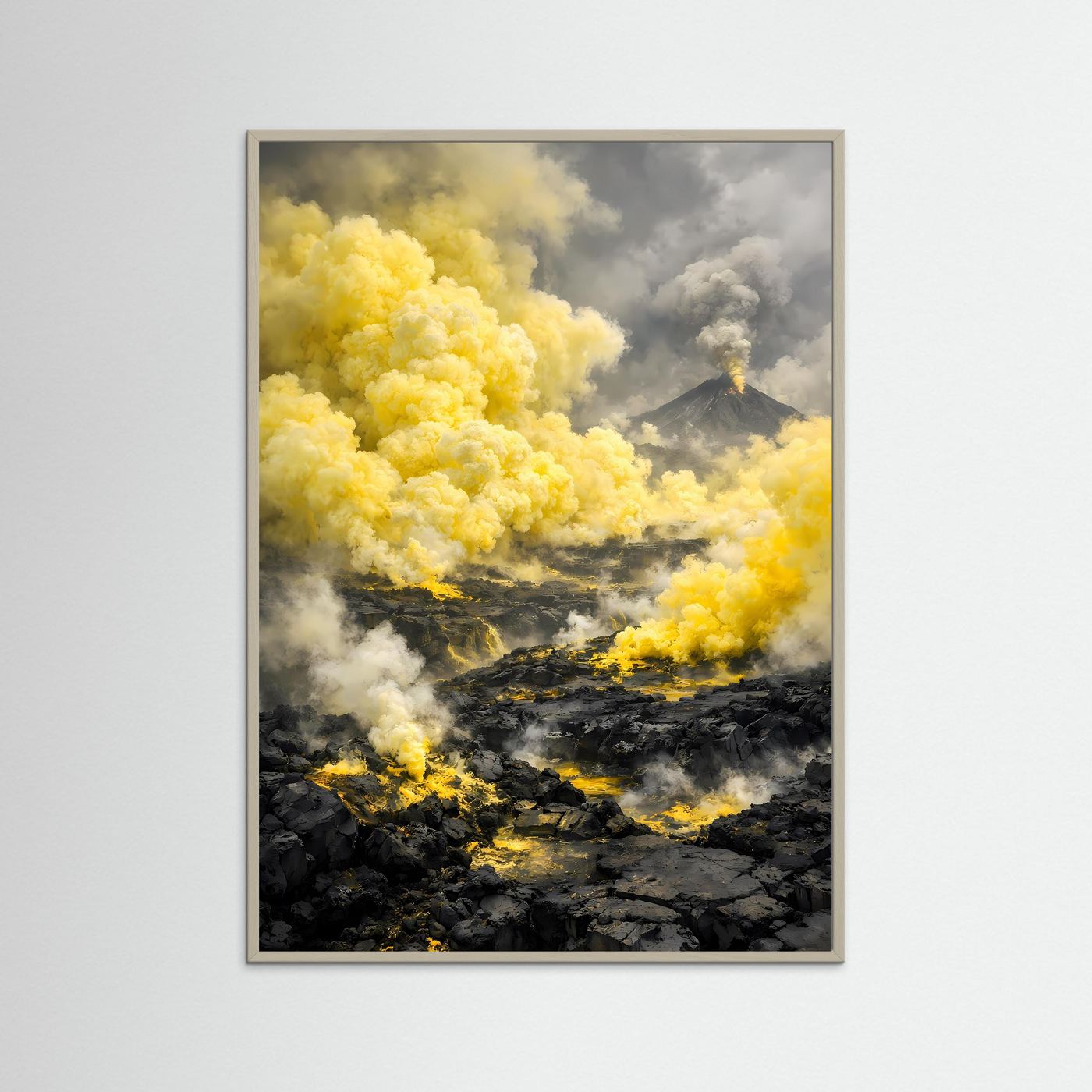 Hochformatiges Vulkanposter mit gelben Rauchwolken und schwarzer Lava, grauer Rahmen