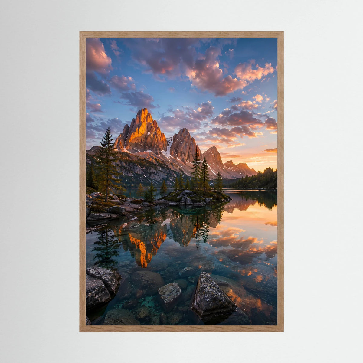 Bergsee im Sonnenuntergang | Leuchtende Berglandschaft mit Spiegelung | Poster Hochformat