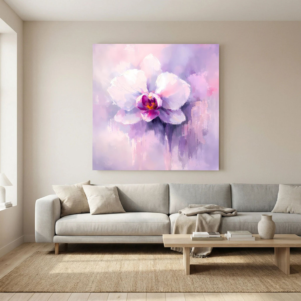 Leinwand-Wandbild Orchidee in Pastellfarben, weißes Blütenmotiv mit violettem Zentrum