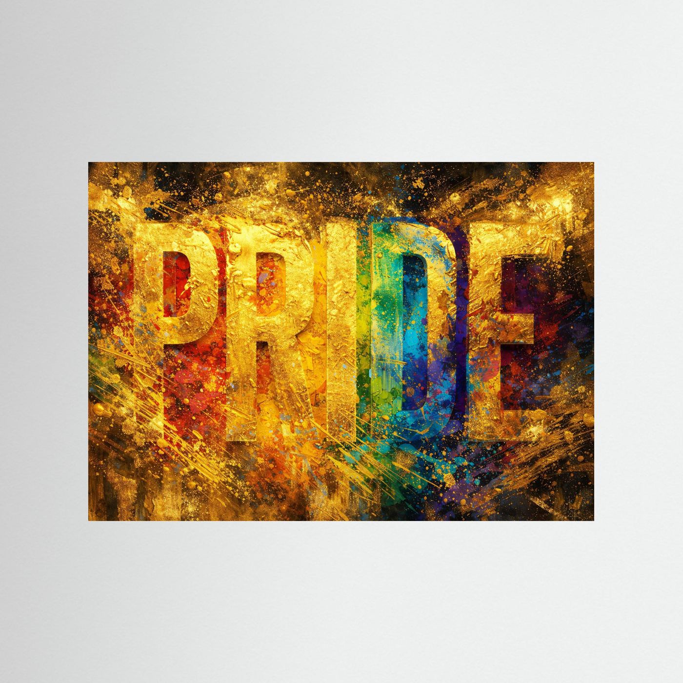 Wandbild mit goldfarbenem Hintergrund und Regenbogen-„PRIDE“-Schrift ohne Rahmen