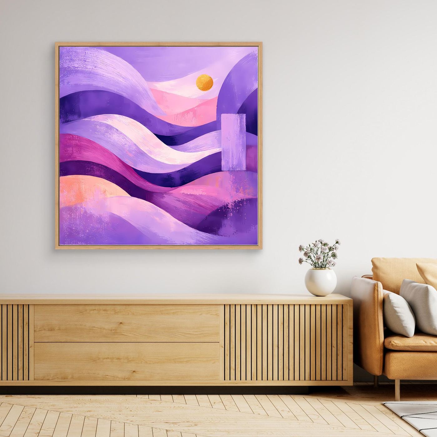 Quadratisches Leinwand-Wandbild mit abstrakten Dünen in Lila und Pink, goldener Rahmen