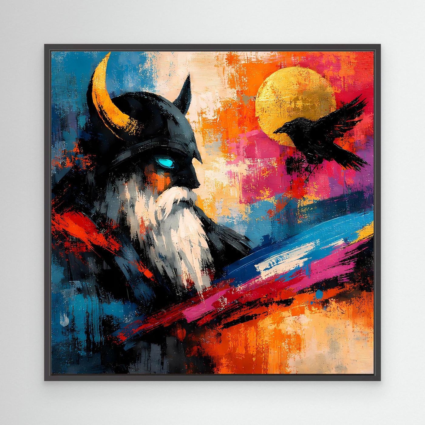 Abstraktes Leinwand-Wandbild mit Odin und schwarzem Rabenmotiv im schwarzen Rahmen