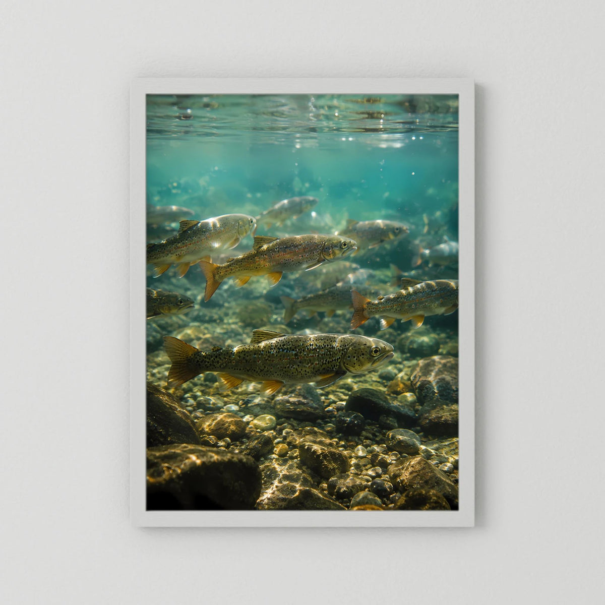 Hochformatposter mit Unterwasserwelt: Forellen im klaren Bach mit Steinen