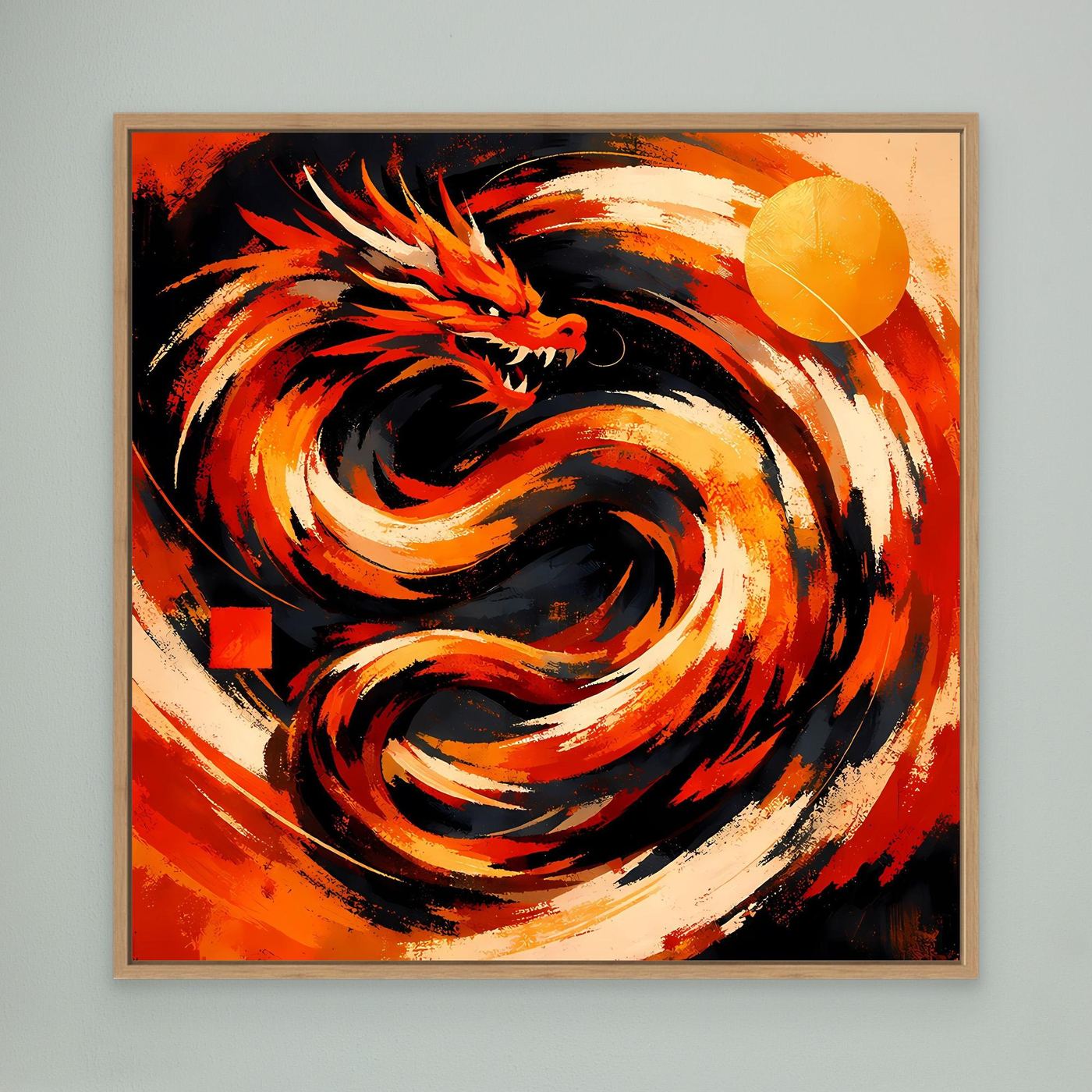 Abstraktes Drachen-Wandbild mit hellem Holzrahmen, roter und schwarzer Farbwirbel