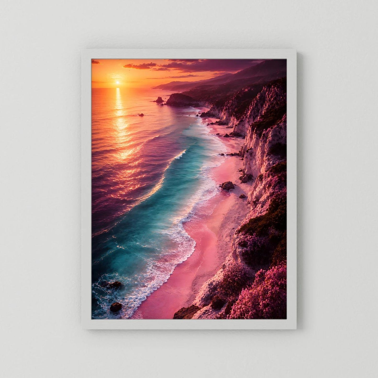 Hochformat-Poster Sonnenuntergangsküste mit Meer und Strand, weißer Rahmen