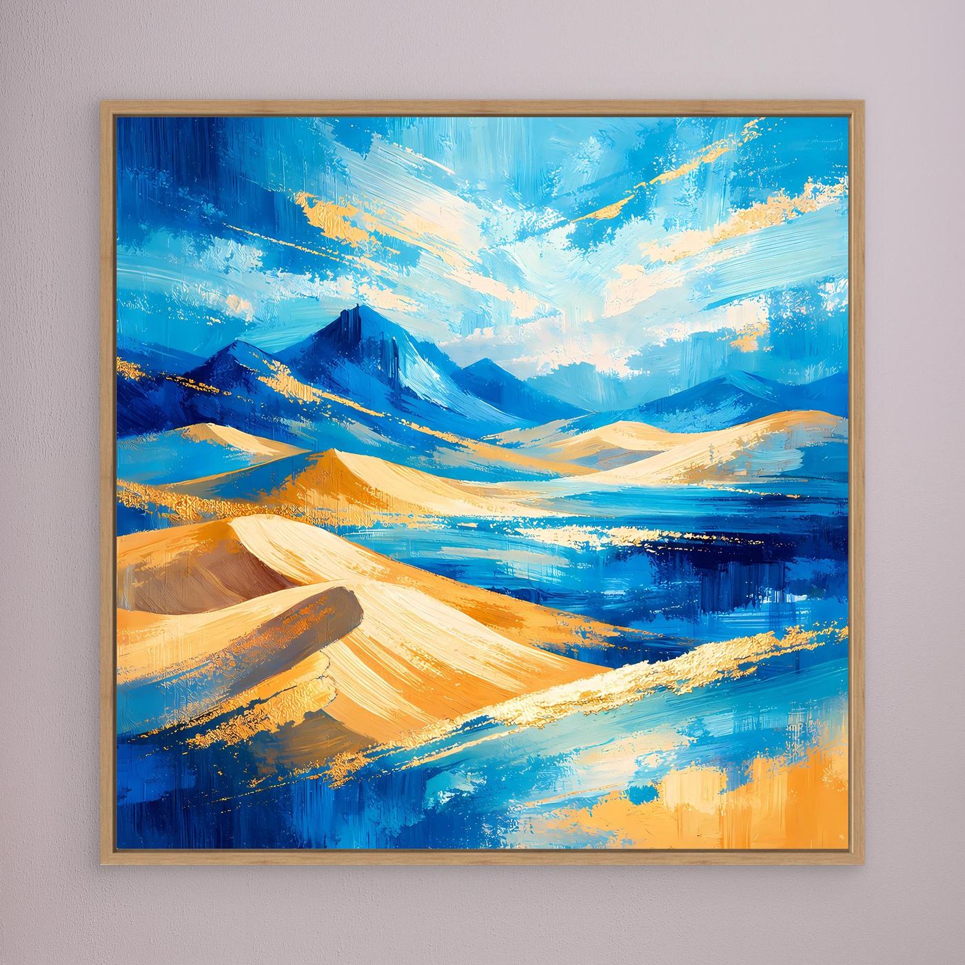 Leinwandbild mit abstrakter Berglandschaft, blau und goldgelb, beiger Holzrahmen