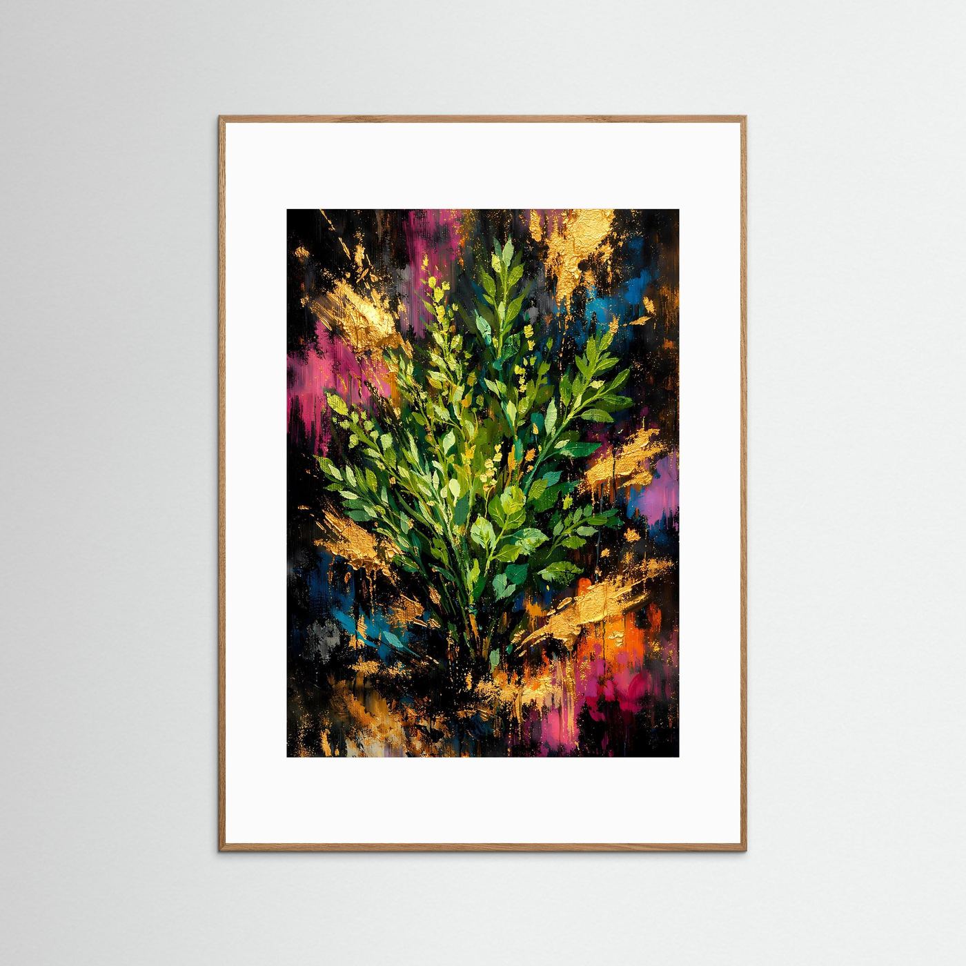 Abstraktes Eukalyptus-Poster im Hochformat, grüne Blätter mit bunten Farbspritzern, goldbrauner Rahmen