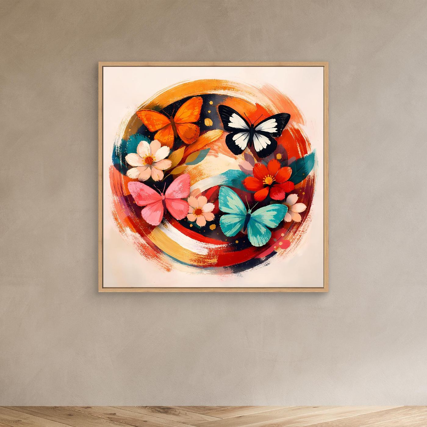 Leinwandbild mit rundem Motiv, braunem Rahmen: bunte Schmetterlinge und Blumen