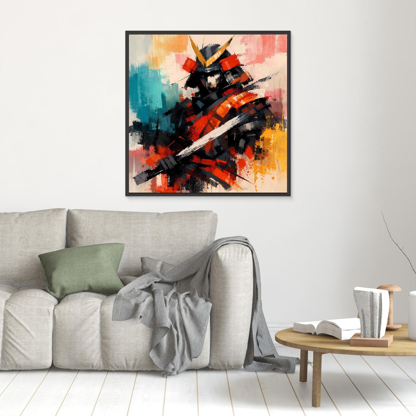 Leinwand-Wandbild mit abstraktem Samurai-Krieger, schwarzer Rahmen
