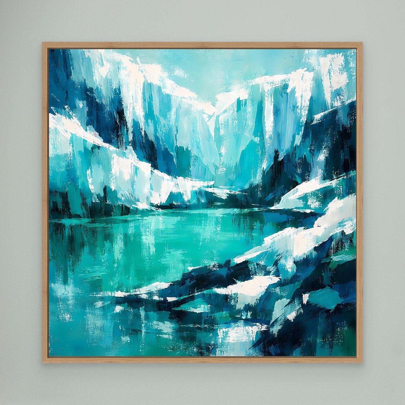 Abstraktes Leinwand-Wandbild mit Eisbergen und türkisfarbenem Wasser, mit Eichenrahmen