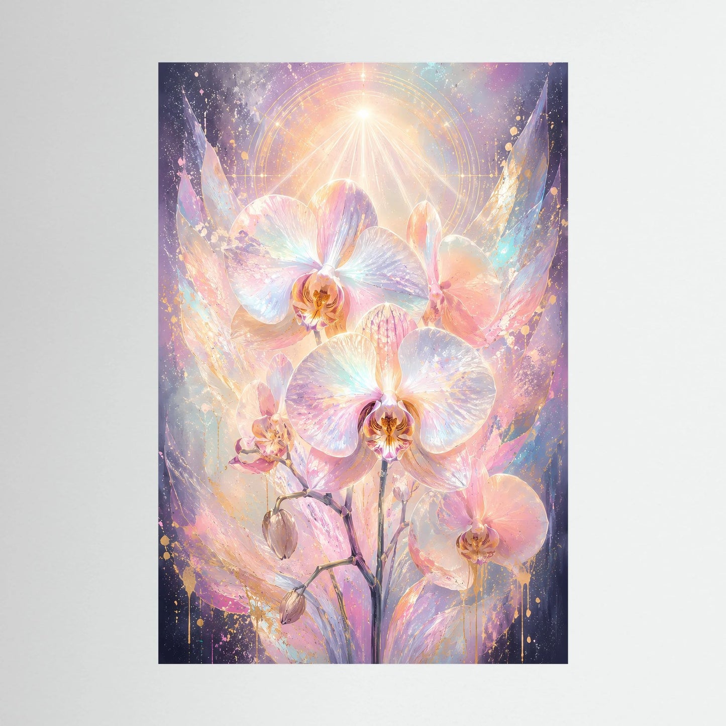 Orchideen-Poster mit großen rosa Orchideenblüten und Glitzerlicht, Hochformat