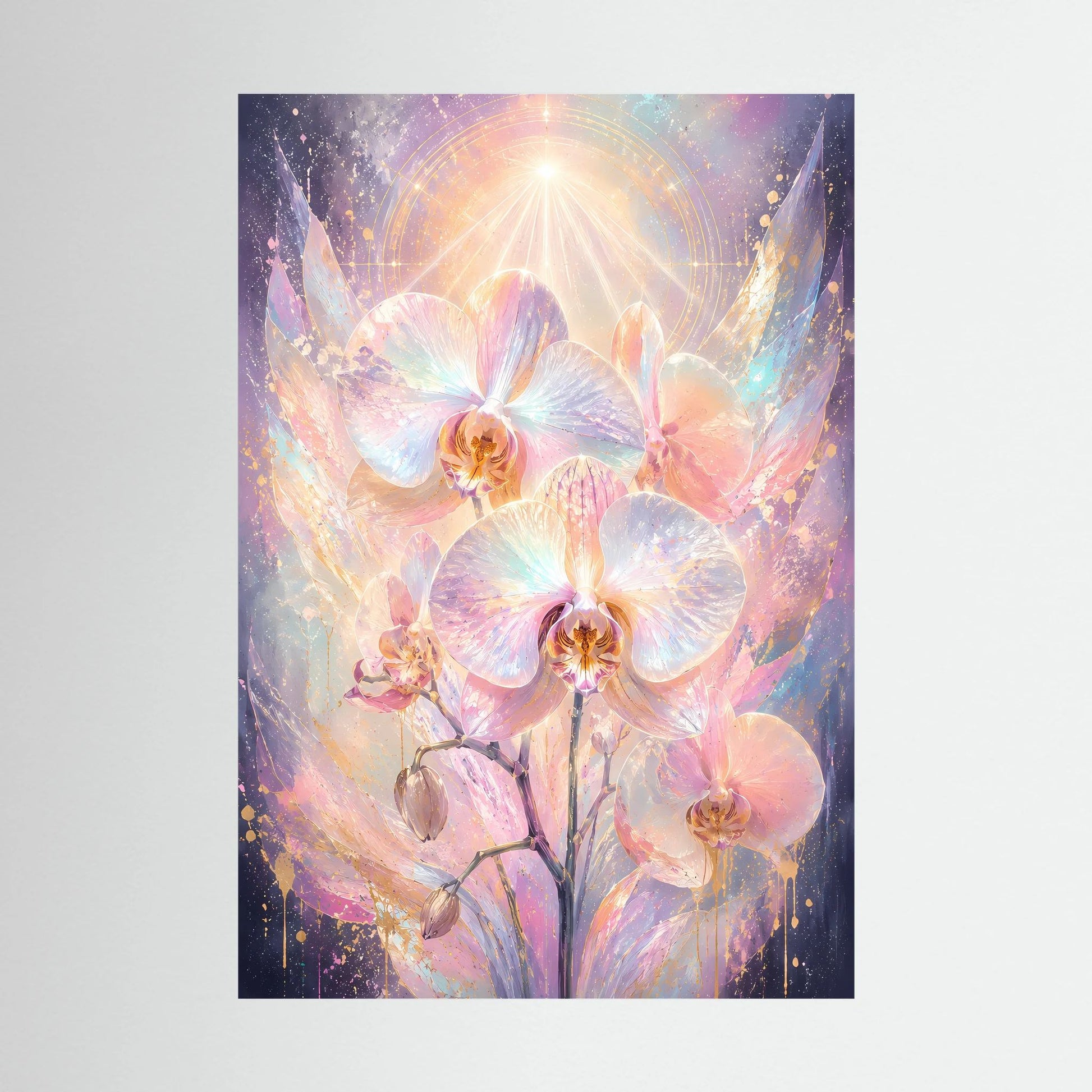 Orchideen-Poster mit großen rosa Orchideenblüten und Glitzerlicht, Hochformat