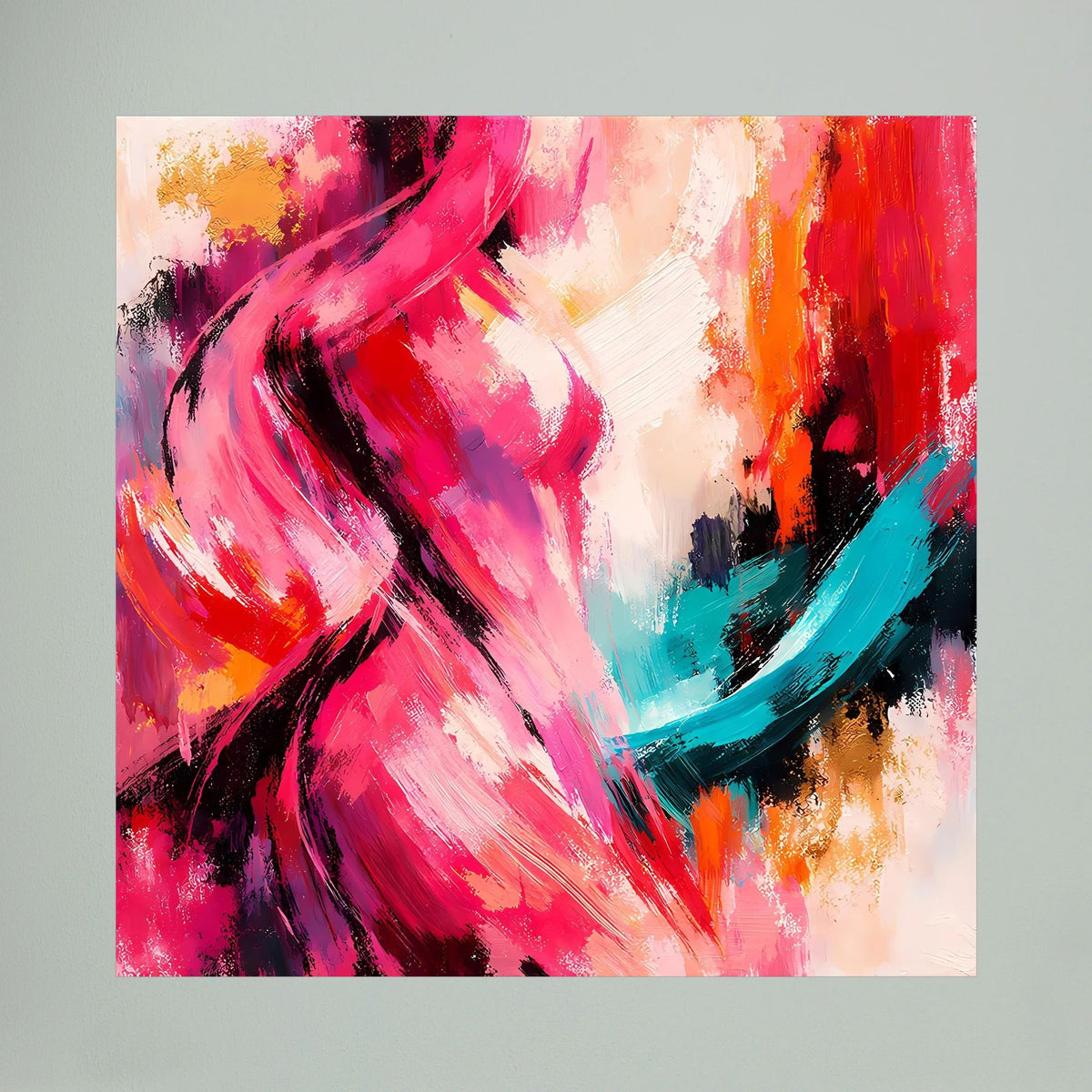 Leinwandbild auf Holzkeilrahmen mit abstrakter weiblicher Silhouette in Pink, Rot und Blau