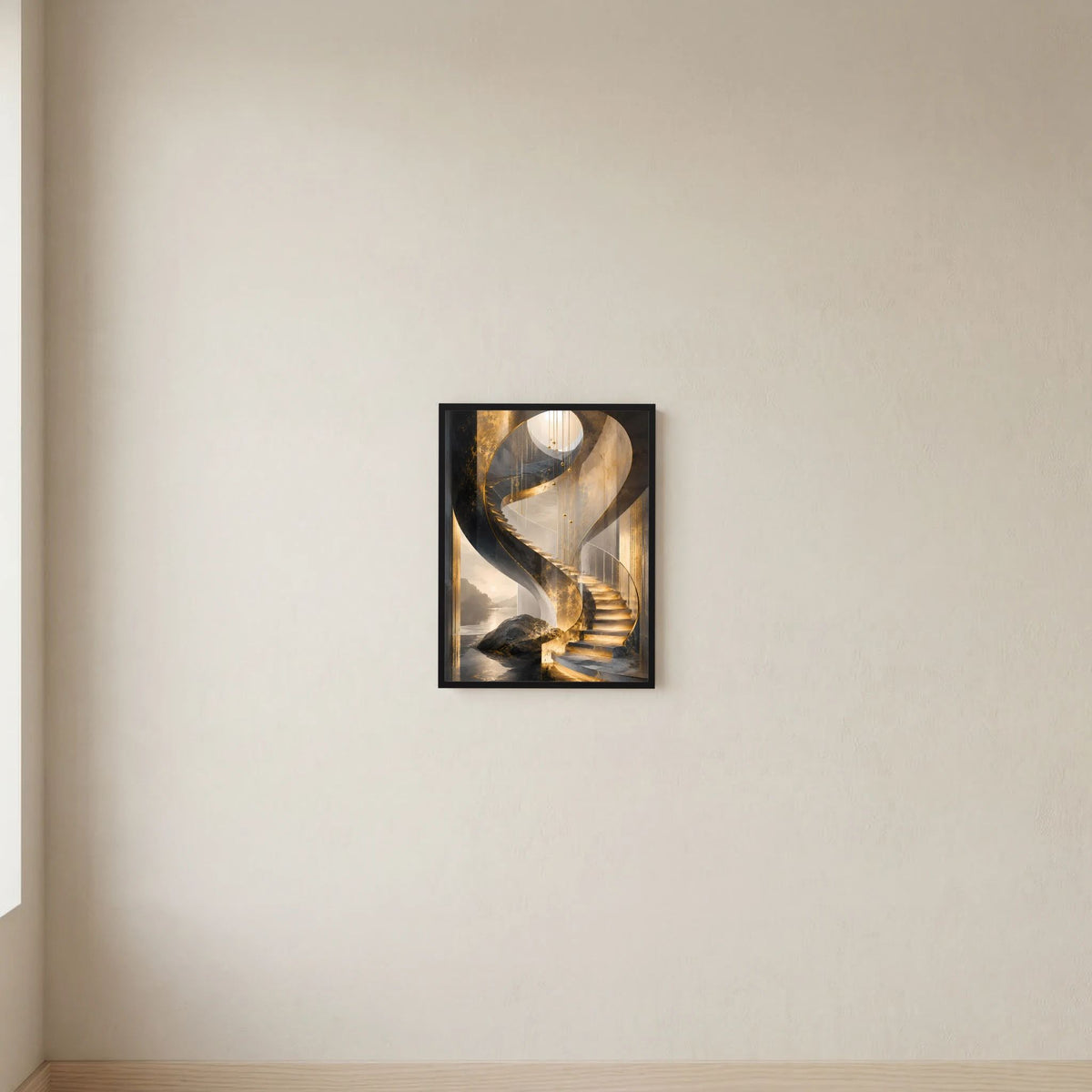 Gerahmtes Poster (Hochformat) mit goldener Wendeltreppe, schwarzer Rahmenkante