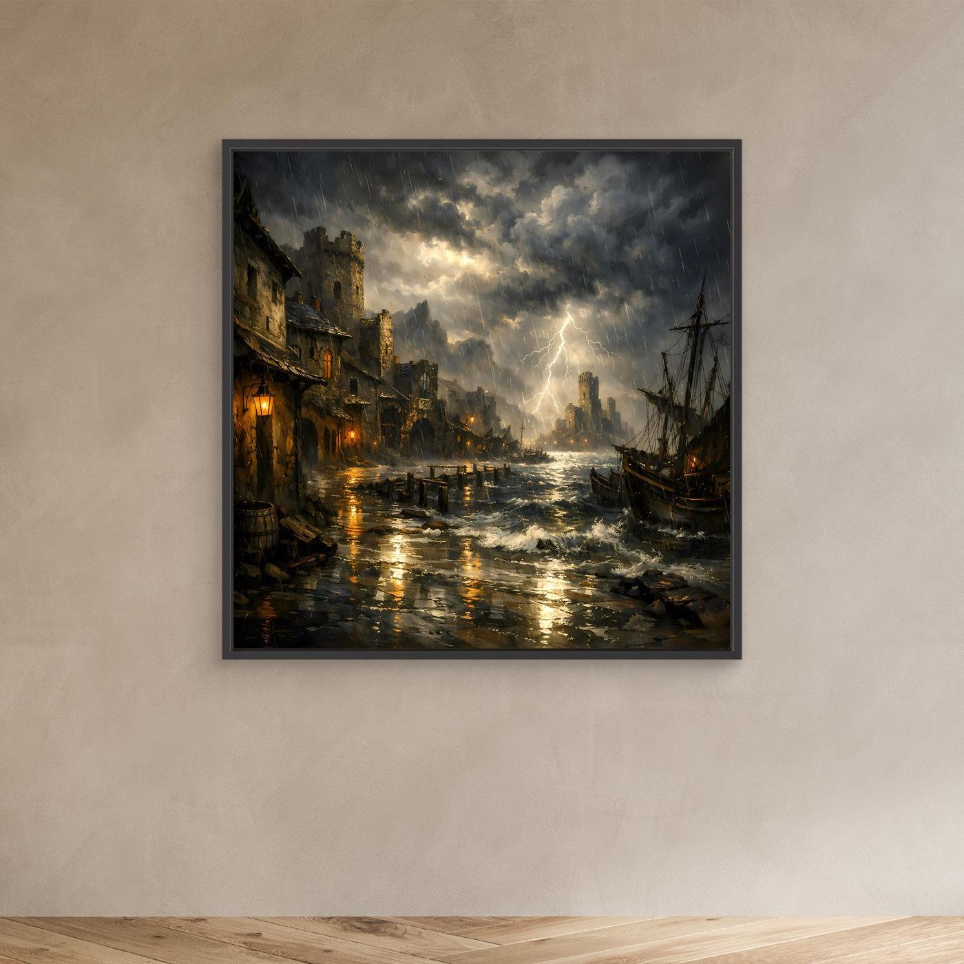 Hafen-Leinwandbild mit Gewitter und Blitz, Schiffe am Kai, spiegelndes Wasser, schwarzer Rahmen